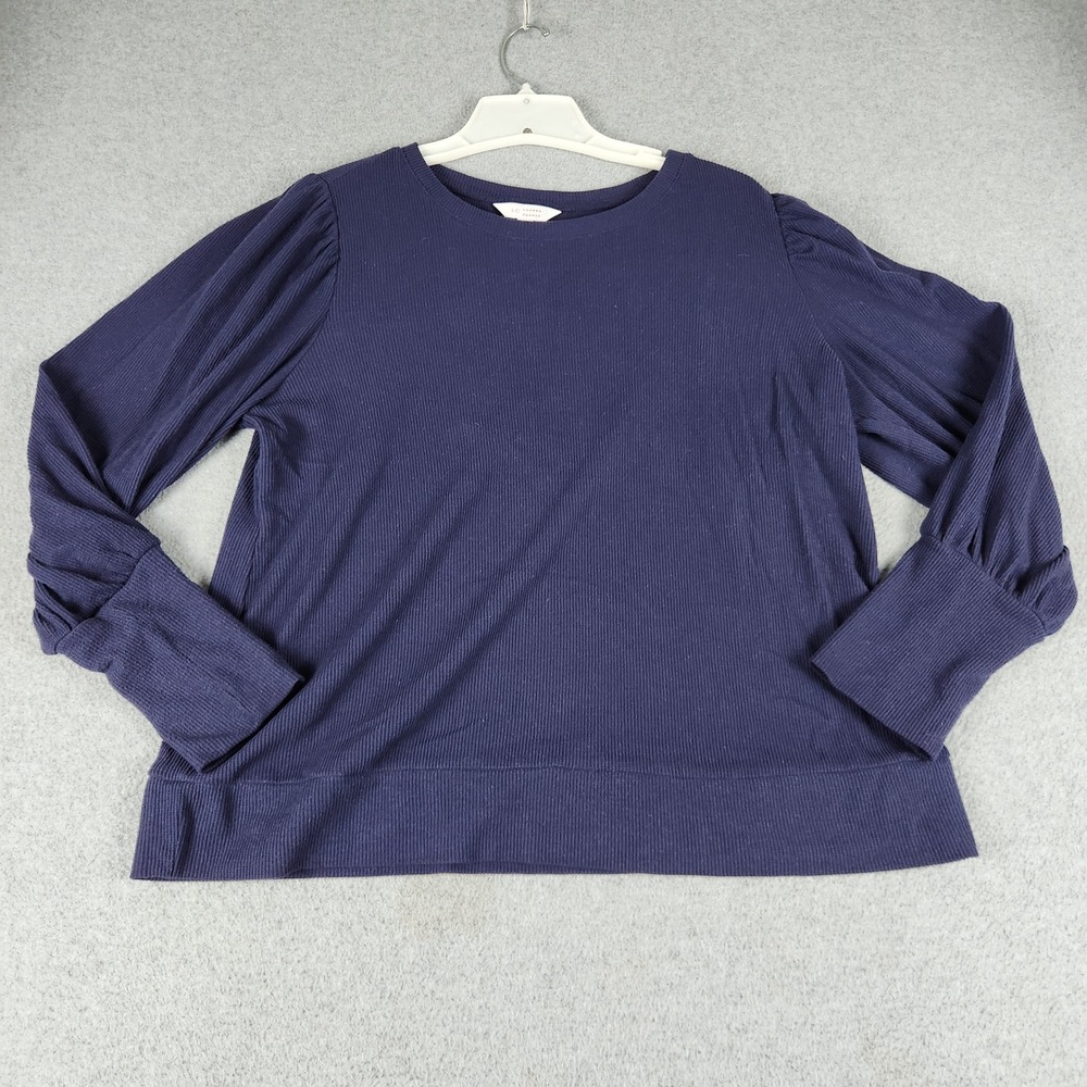 LC Lauren Conard Top Womens XL Navy Waffle Knit Ribbed Hem Round Neck Pullover